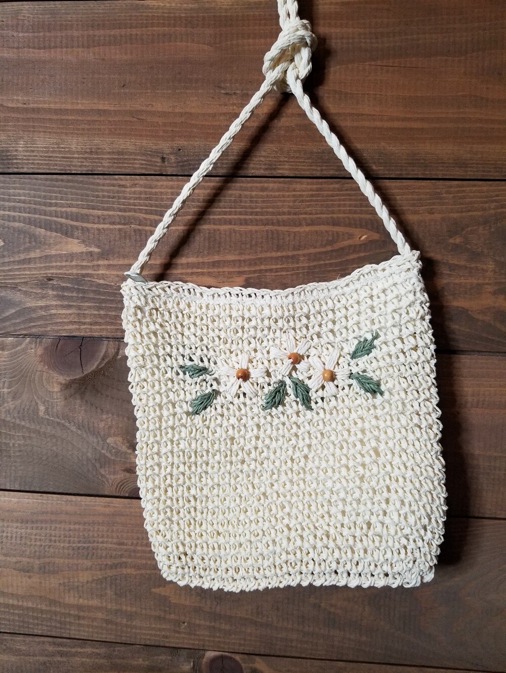 Cream Paper Straw Mini Crossbody Embroidered Flowers Wooden Beads 8x8 Nwot
